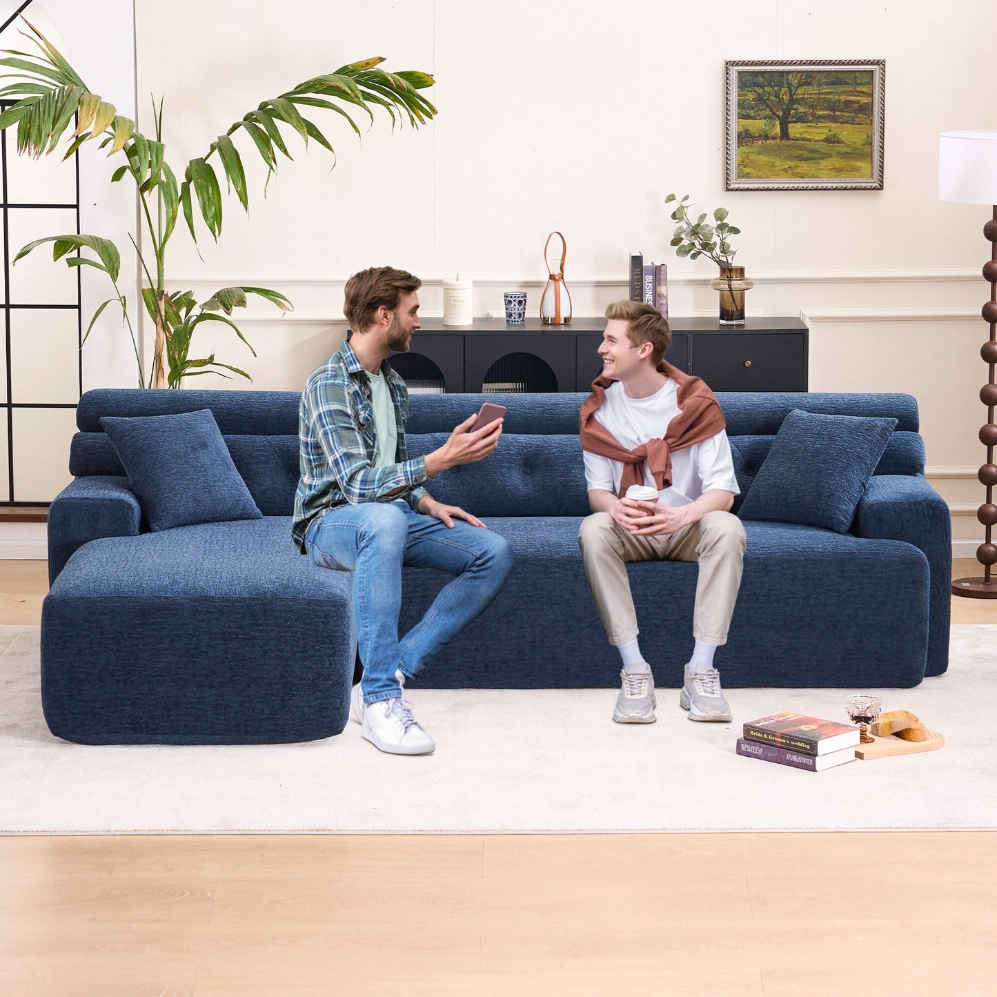 Modern Chenille Convertible L-Shaped 4-Seater Modular Sectional Sofa with 2 Pillows for Apartment Living Room