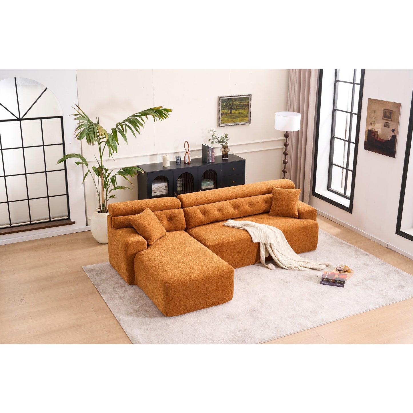 Modern Chenille Convertible L-Shaped 4-Seater Modular Sectional Sofa with 2 Pillows for Apartment Living Room