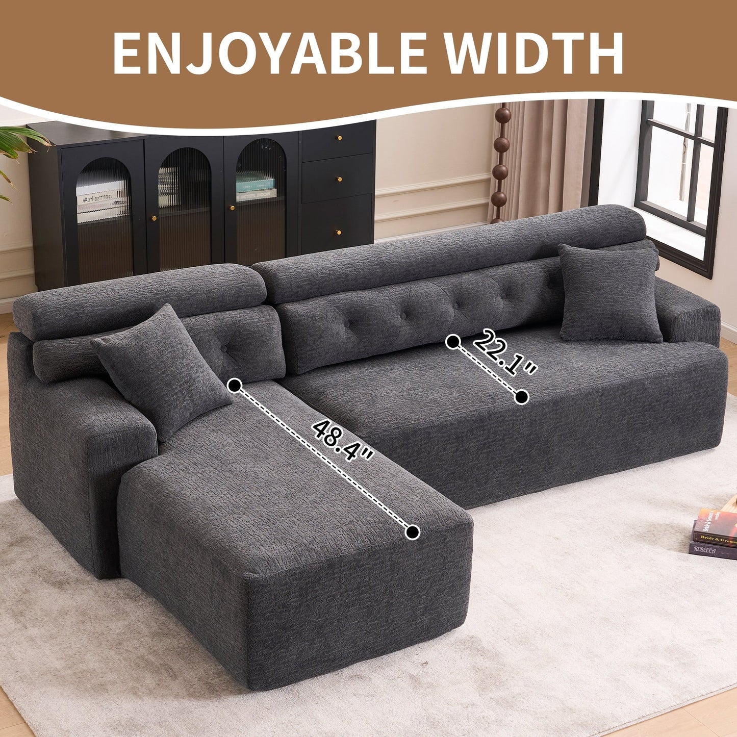 Modern Chenille Convertible L-Shaped 4-Seater Modular Sectional Sofa with 2 Pillows for Apartment Living Room
