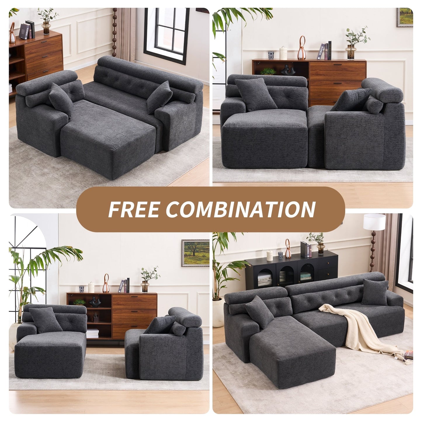 Modern Chenille Convertible L-Shaped 4-Seater Modular Sectional Sofa with 2 Pillows for Apartment Living Room