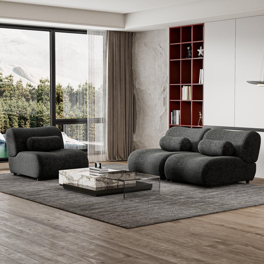 Modern Chenille Curved Modular 3-Seater Sectional Sofa with Cylindrical Pillows for Living Room