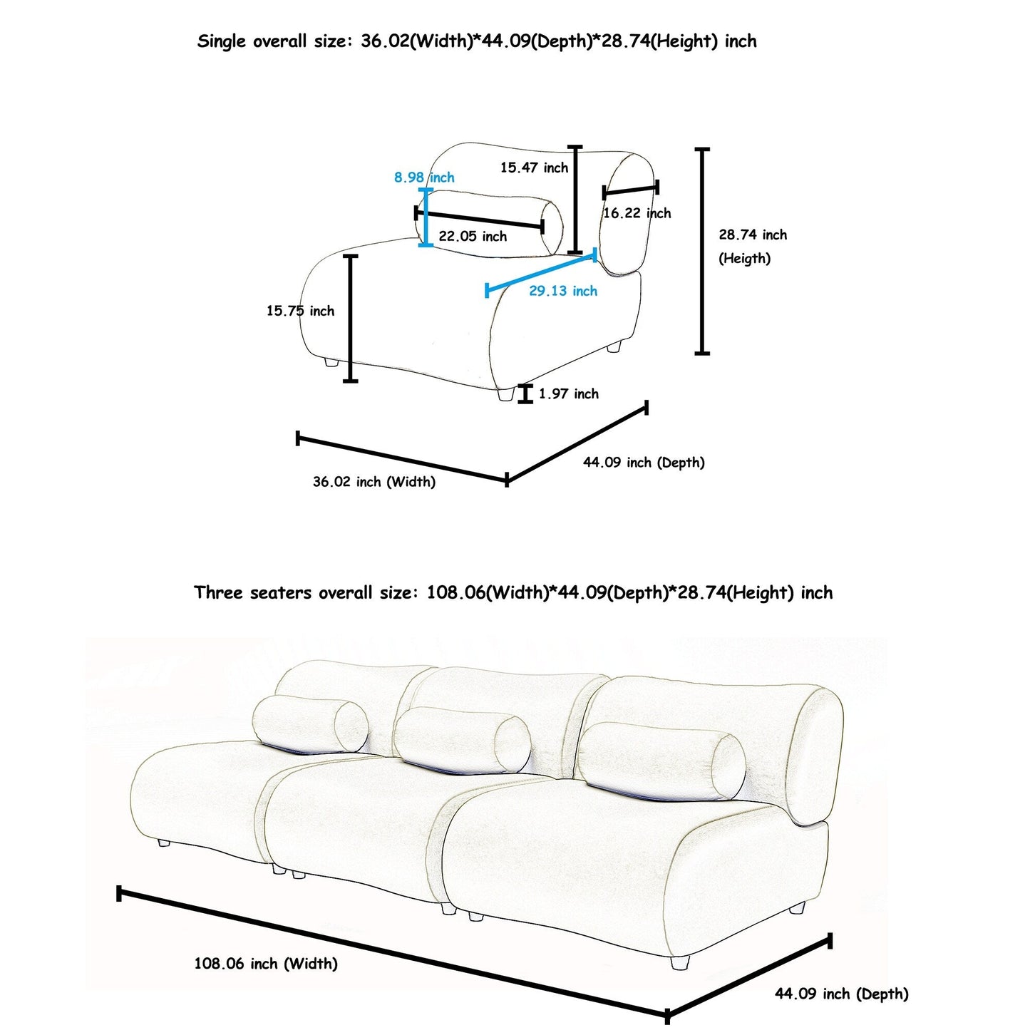 Modern Chenille Curved Modular 3-Seater Sectional Sofa with Cylindrical Pillows for Living Room
