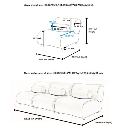 Modern Chenille Curved Modular 3-Seater Sectional Sofa with Cylindrical Pillows for Living Room
