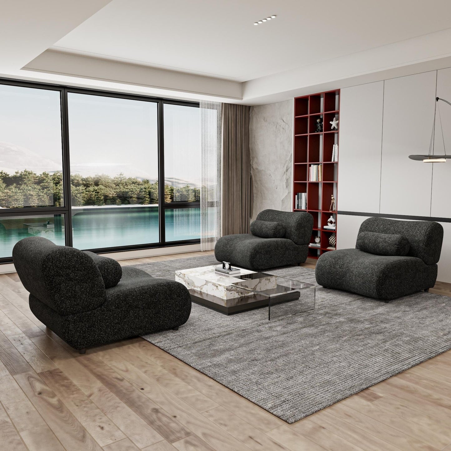 Modern Chenille Curved Modular 3-Seater Sectional Sofa with Cylindrical Pillows for Living Room