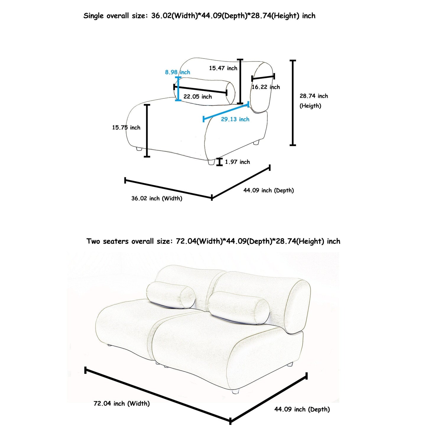 Modern Chenille Curved Modular 3-Seater Sectional Sofa with Cylindrical Pillows for Living Room