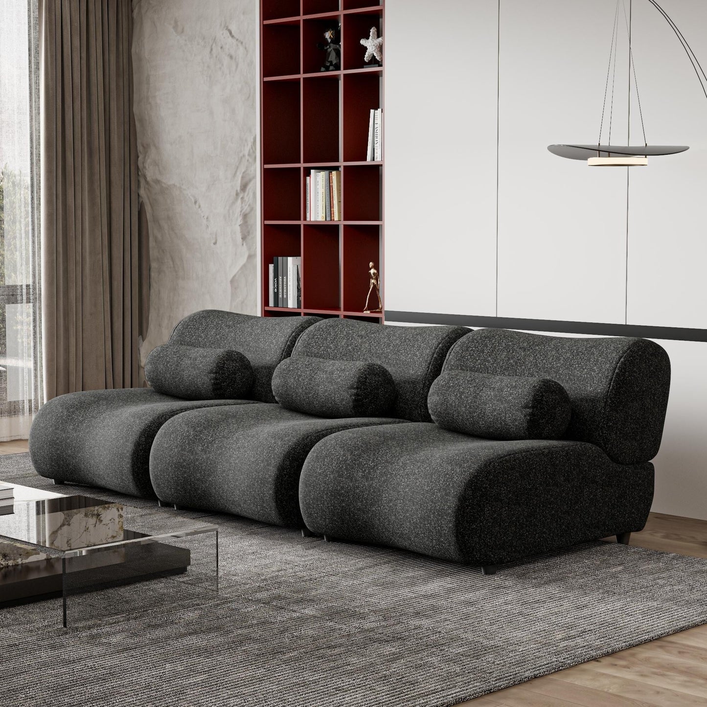 Modern Chenille Curved Modular 3-Seater Sectional Sofa with Cylindrical Pillows for Living Room