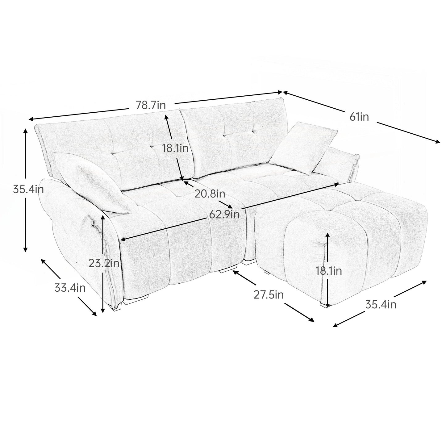 Modern Chenille Fabric 2-Seater Sofa with Ottoman