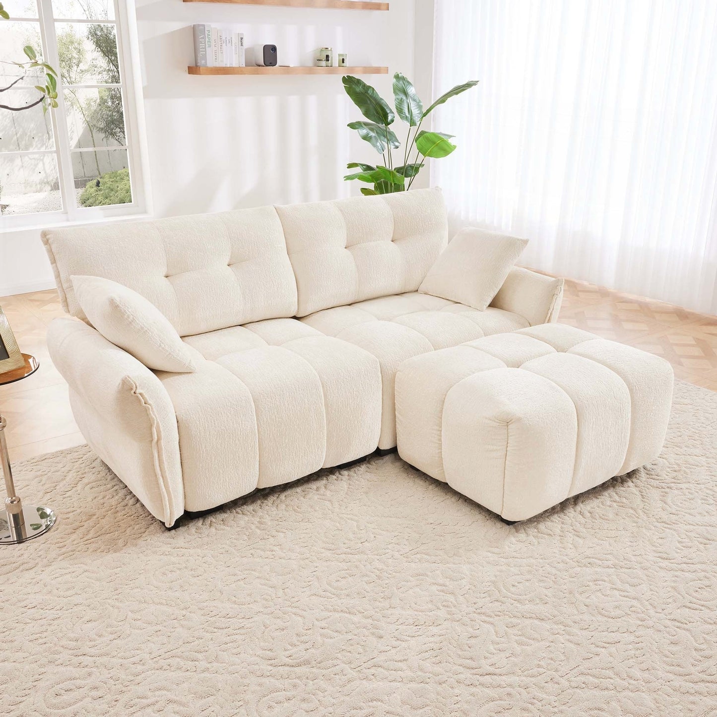 Modern Chenille Fabric 2-Seater Sofa with Ottoman