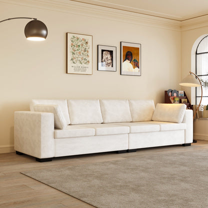 Modern Chenille Fabric 4-Seat Sofa Couch Off-White, Wood Frame, High Elastic Foam