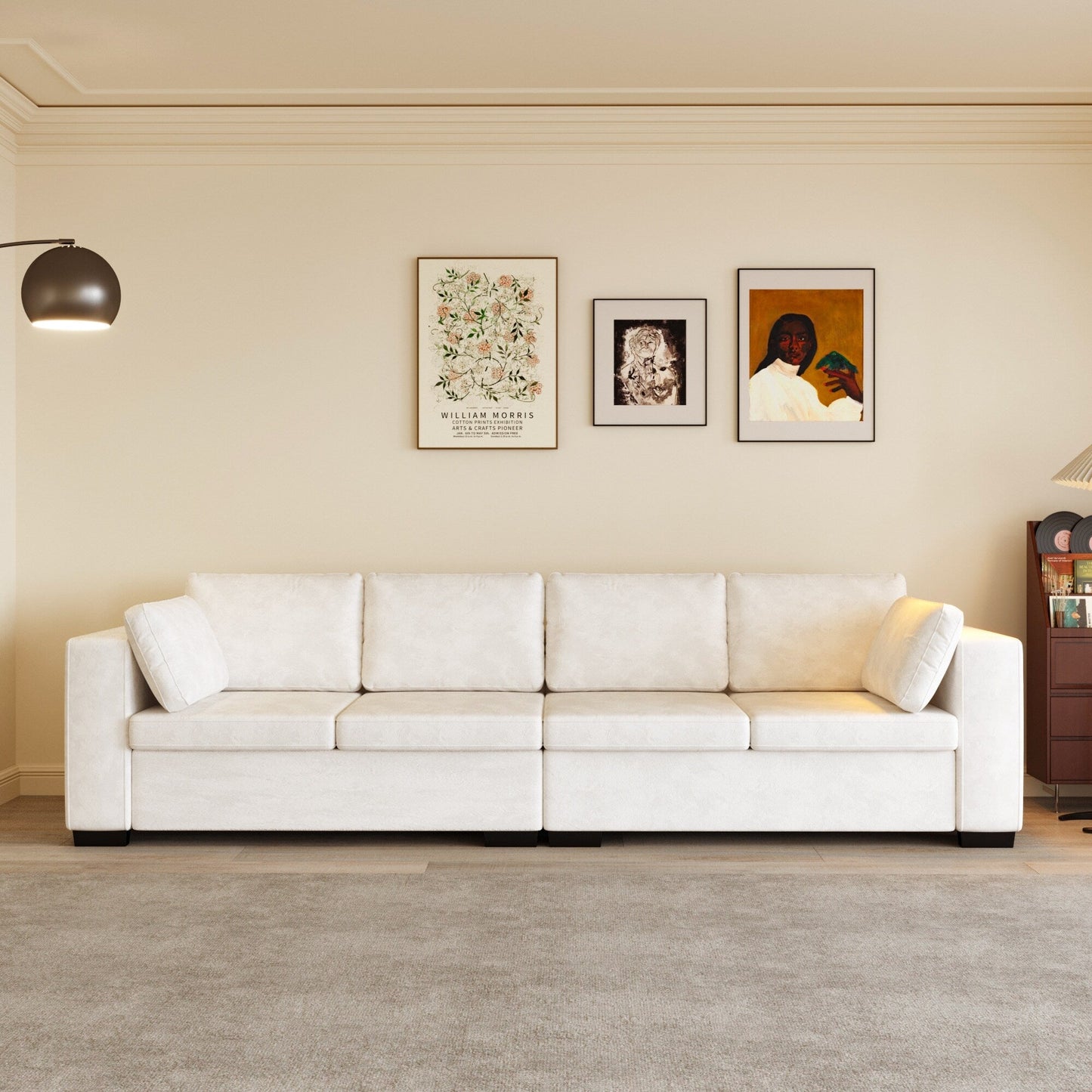 Modern Chenille Fabric 4-Seat Sofa Couch Off-White, Wood Frame, High Elastic Foam