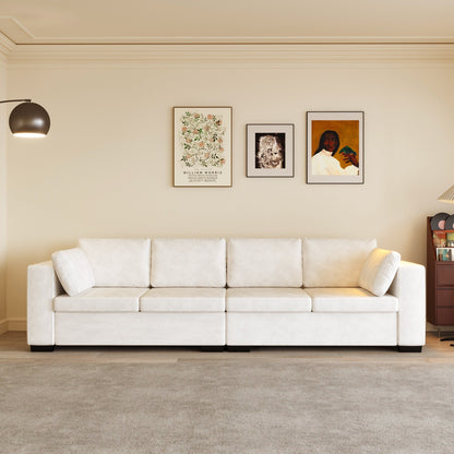 Modern Chenille Fabric 4-Seat Sofa Couch Off-White, Wood Frame, High Elastic Foam