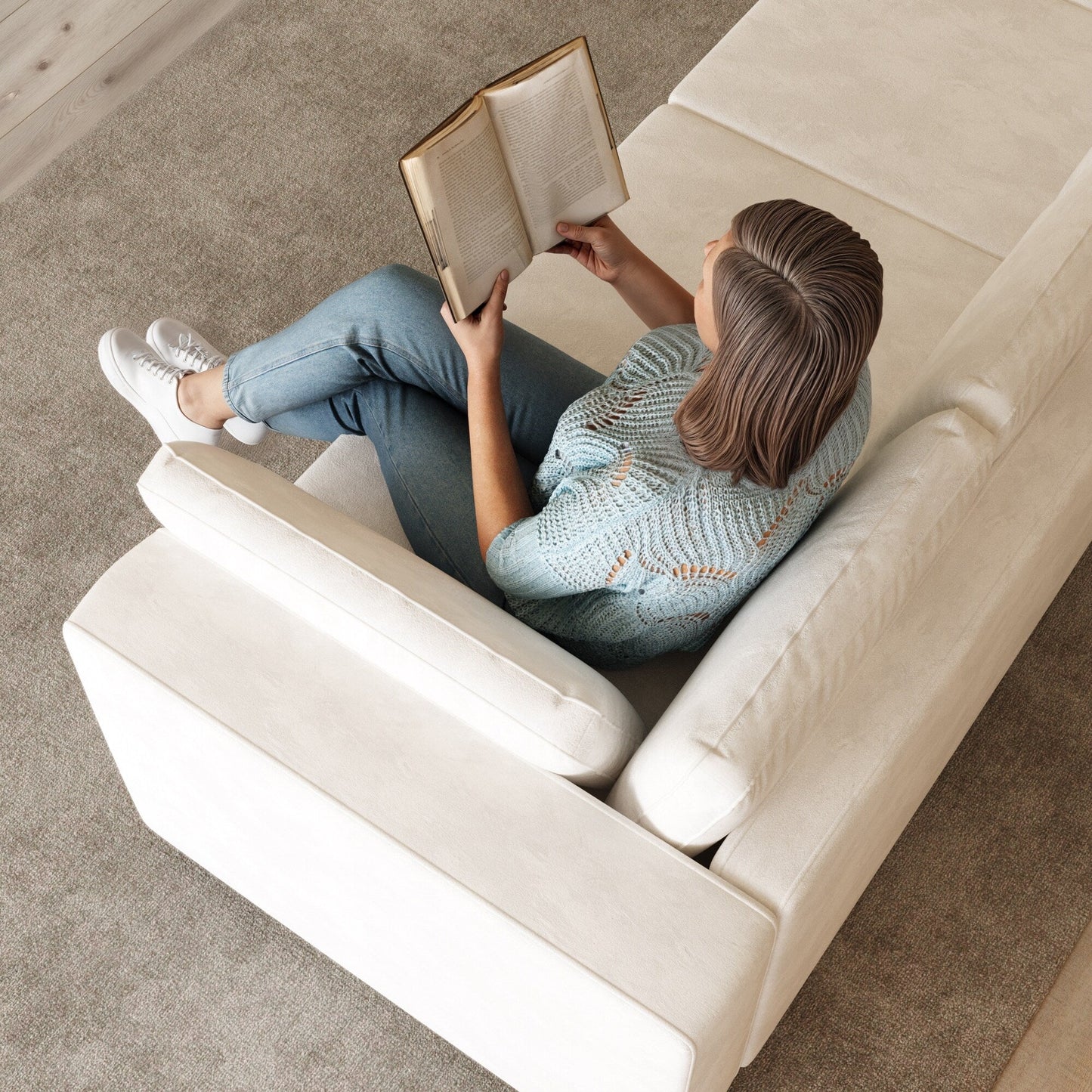 Modern Chenille Fabric 4-Seat Sofa Couch Off-White, Wood Frame, High Elastic Foam