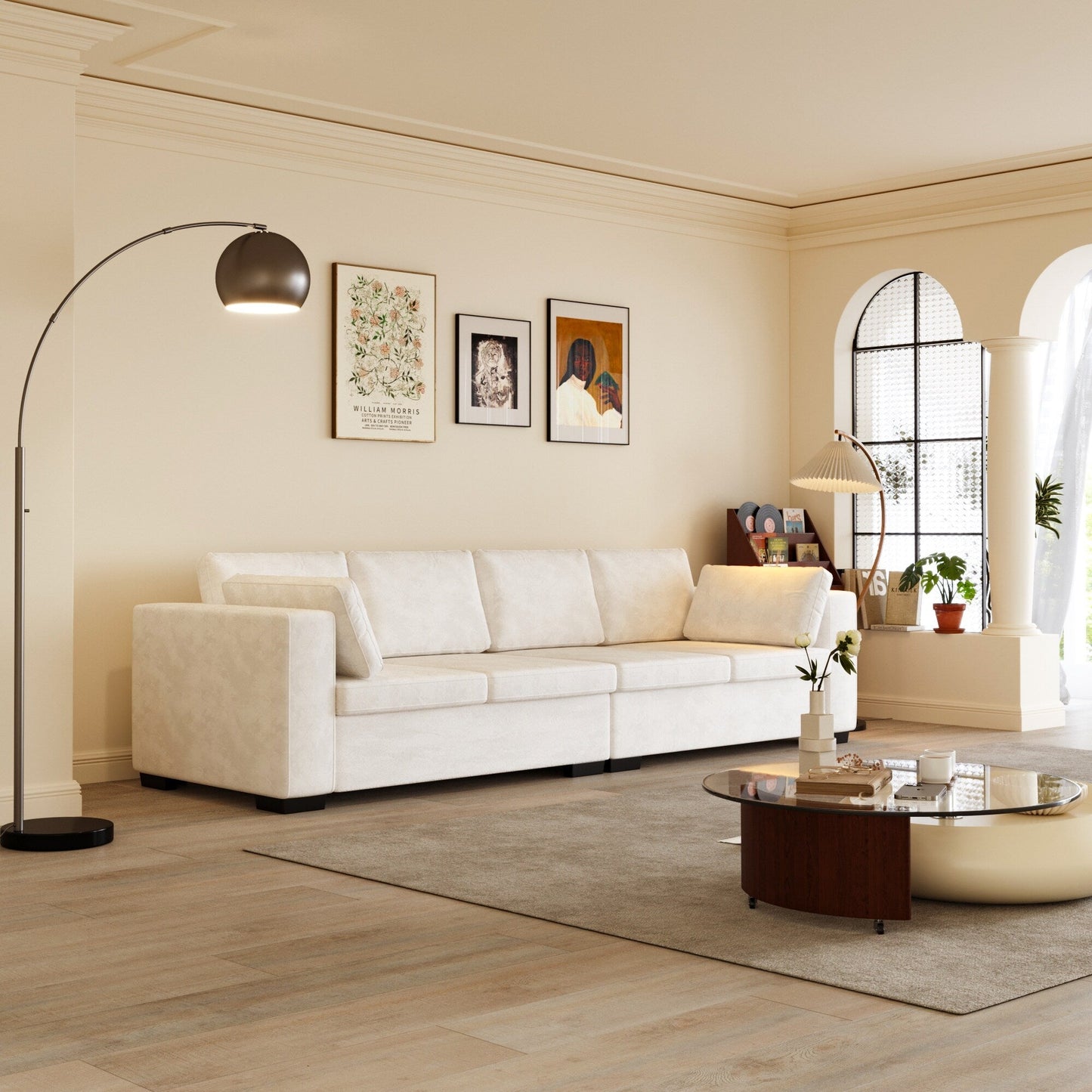 Modern Chenille Fabric 4-Seat Sofa Couch Off-White, Wood Frame, High Elastic Foam