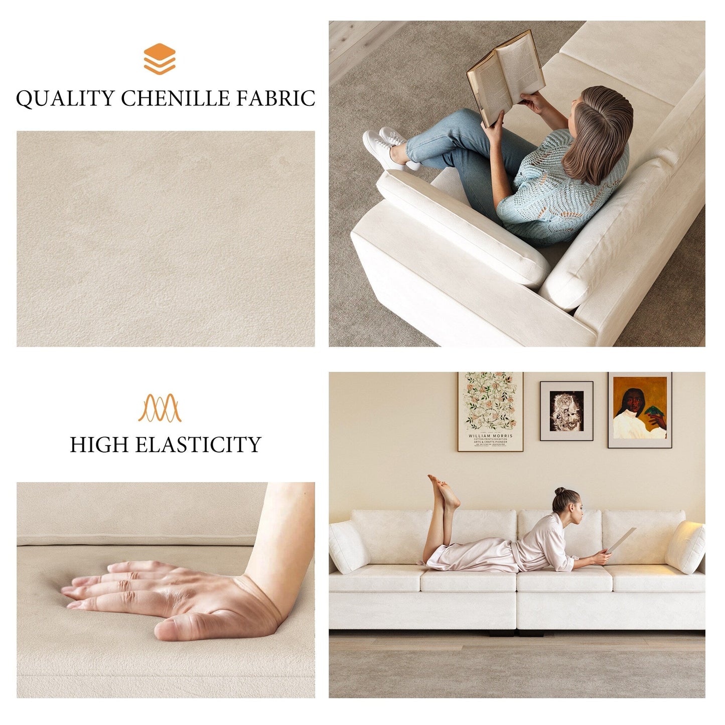Modern Chenille Fabric 4-Seat Sofa Couch Off-White, Wood Frame, High Elastic Foam