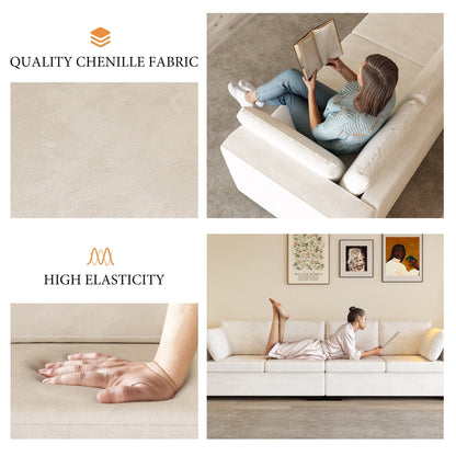 Modern Chenille Fabric 4-Seat Sofa Couch Off-White, Wood Frame, High Elastic Foam
