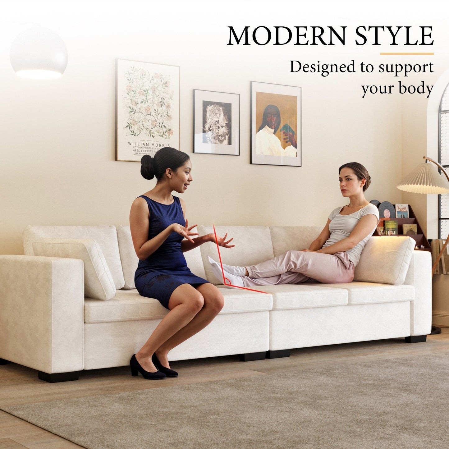Modern Chenille Fabric 4-Seat Sofa Couch Off-White, Wood Frame, High Elastic Foam