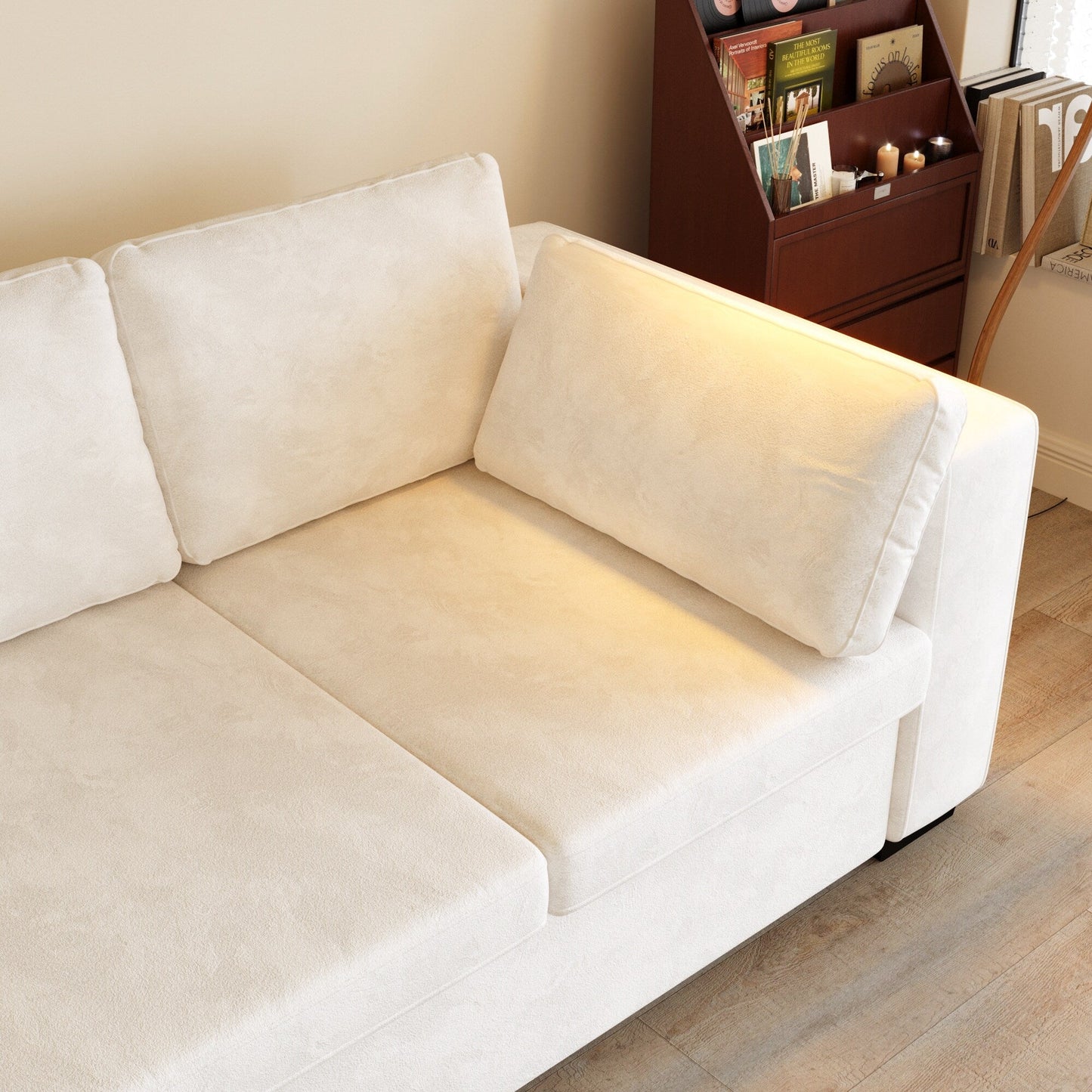 Modern Chenille Fabric 4-Seat Sofa Couch Off-White, Wood Frame, High Elastic Foam