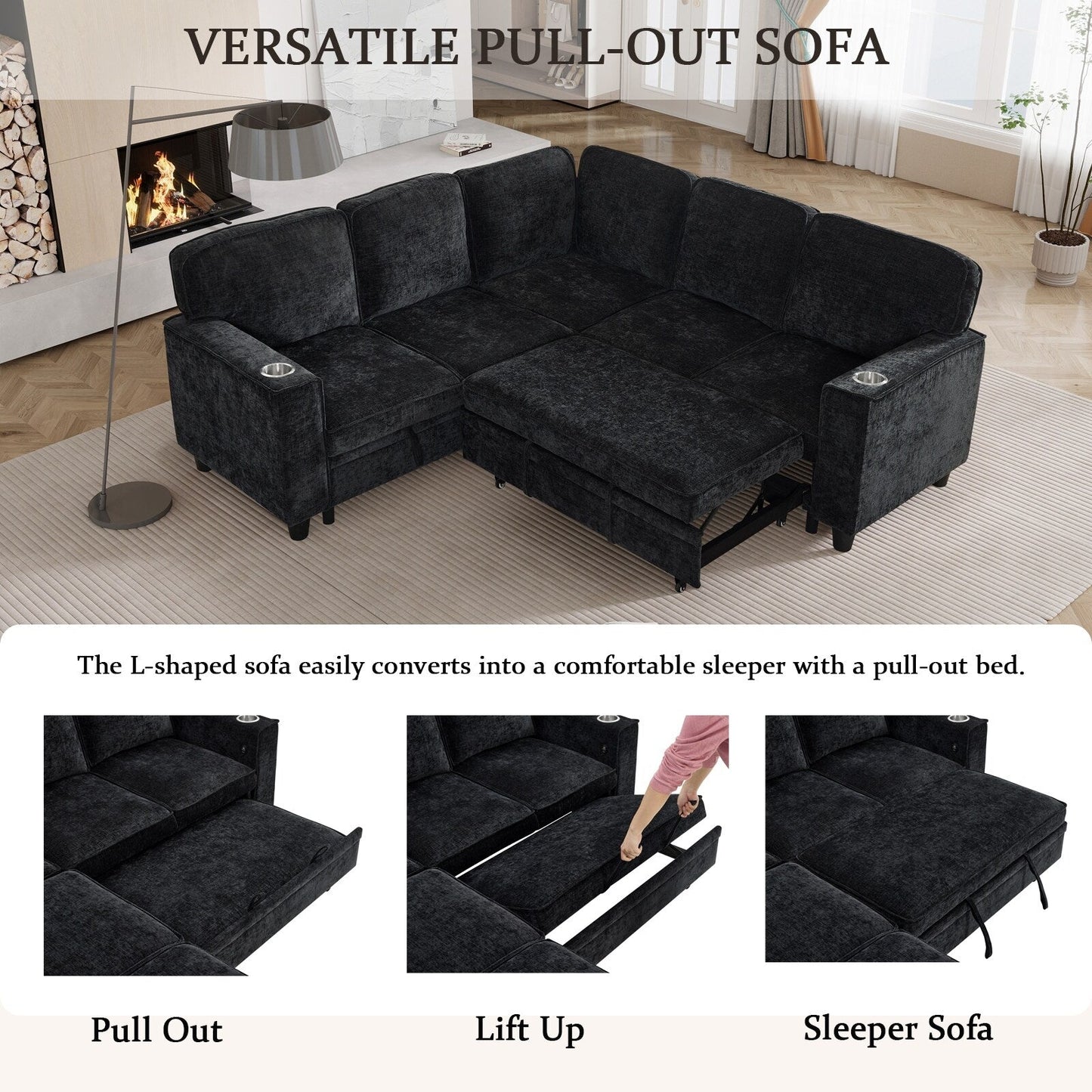 Modern Chenille L-Shaped 5-Seat Sectional Sofa Bed with Storage, USB Ports and Cup Holders for Living Room
