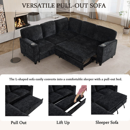 Modern Chenille L-Shaped 5-Seat Sectional Sofa Bed with Storage, USB Ports and Cup Holders for Living Room