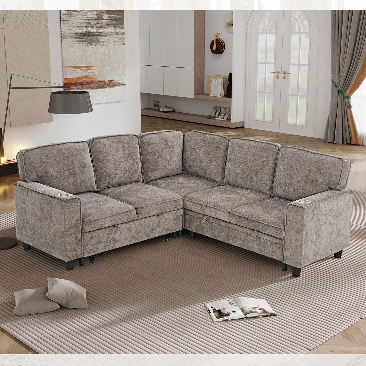 Modern Chenille L-Shaped 5-Seat Sectional Sofa Bed with Storage, USB Ports and Cup Holders for Living Room
