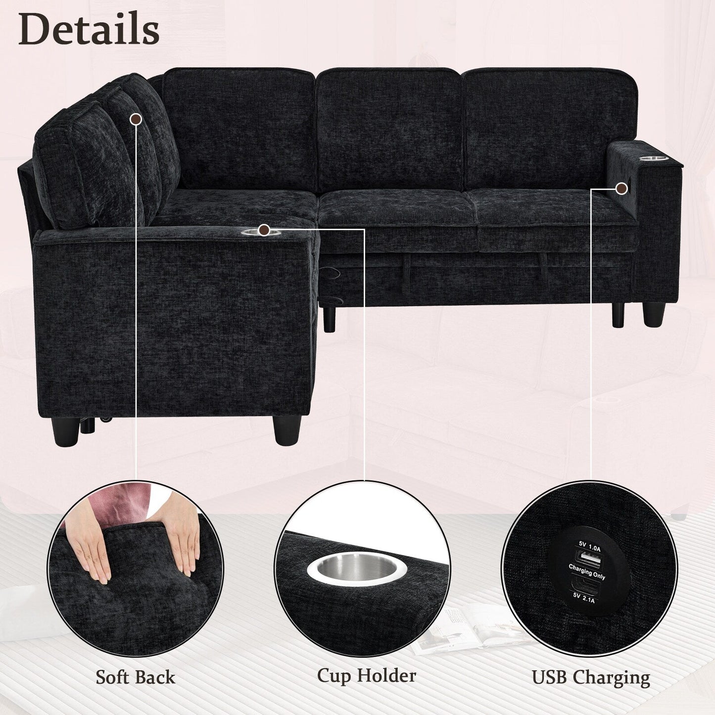 Modern Chenille L-Shaped 5-Seat Sectional Sofa Bed with Storage, USB Ports and Cup Holders for Living Room