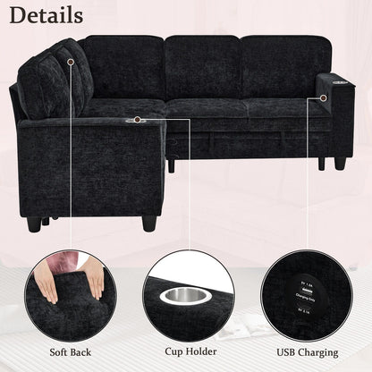 Modern Chenille L-Shaped 5-Seat Sectional Sofa Bed with Storage, USB Ports and Cup Holders for Living Room