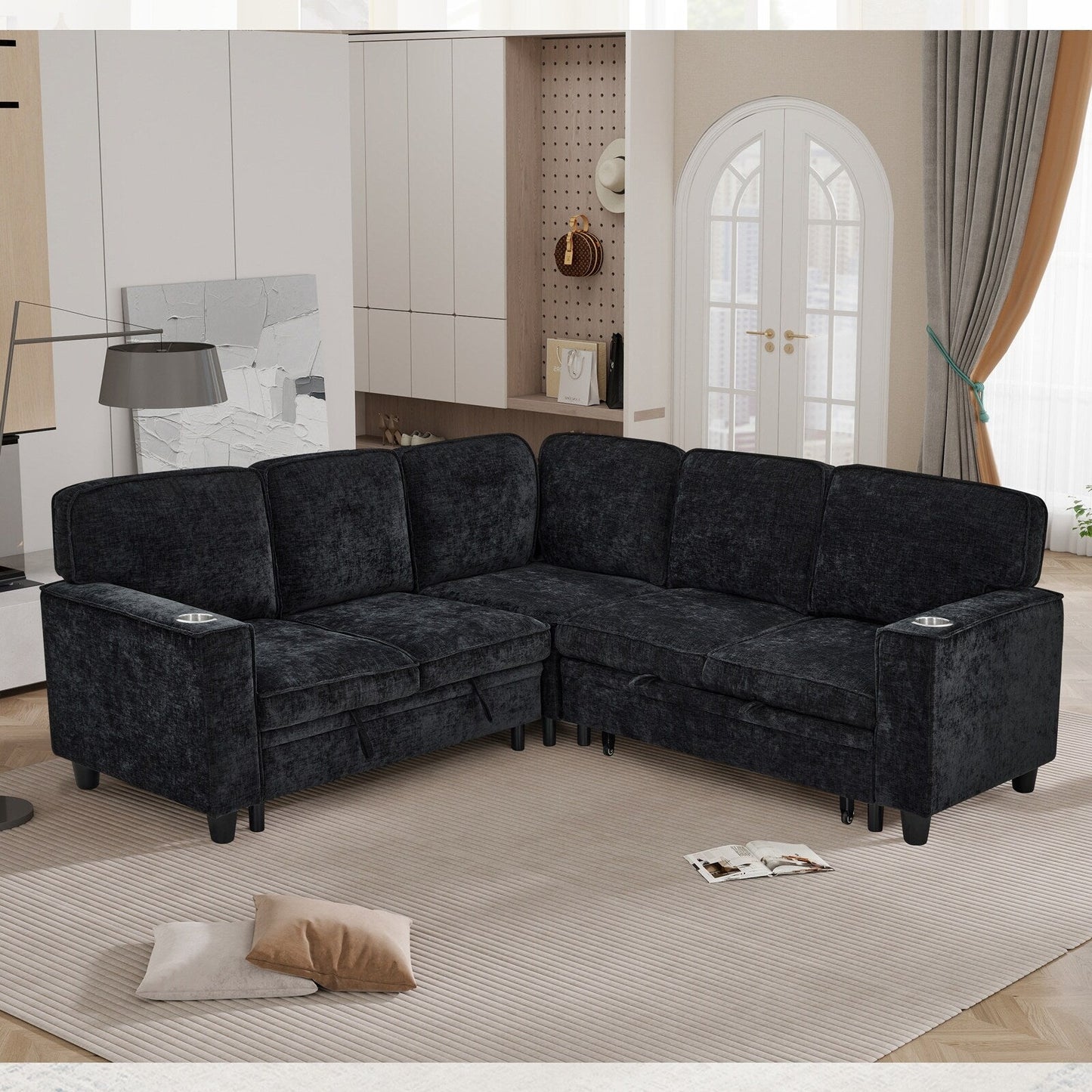 Modern Chenille L-Shaped 5-Seat Sectional Sofa Bed with Storage, USB Ports and Cup Holders for Living Room