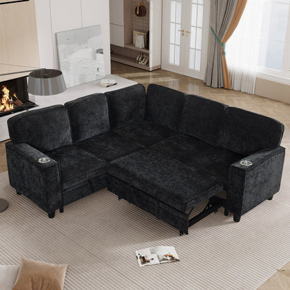 Modern Chenille L-Shaped 5-Seat Sectional Sofa Bed with Storage, USB Ports and Cup Holders for Living Room
