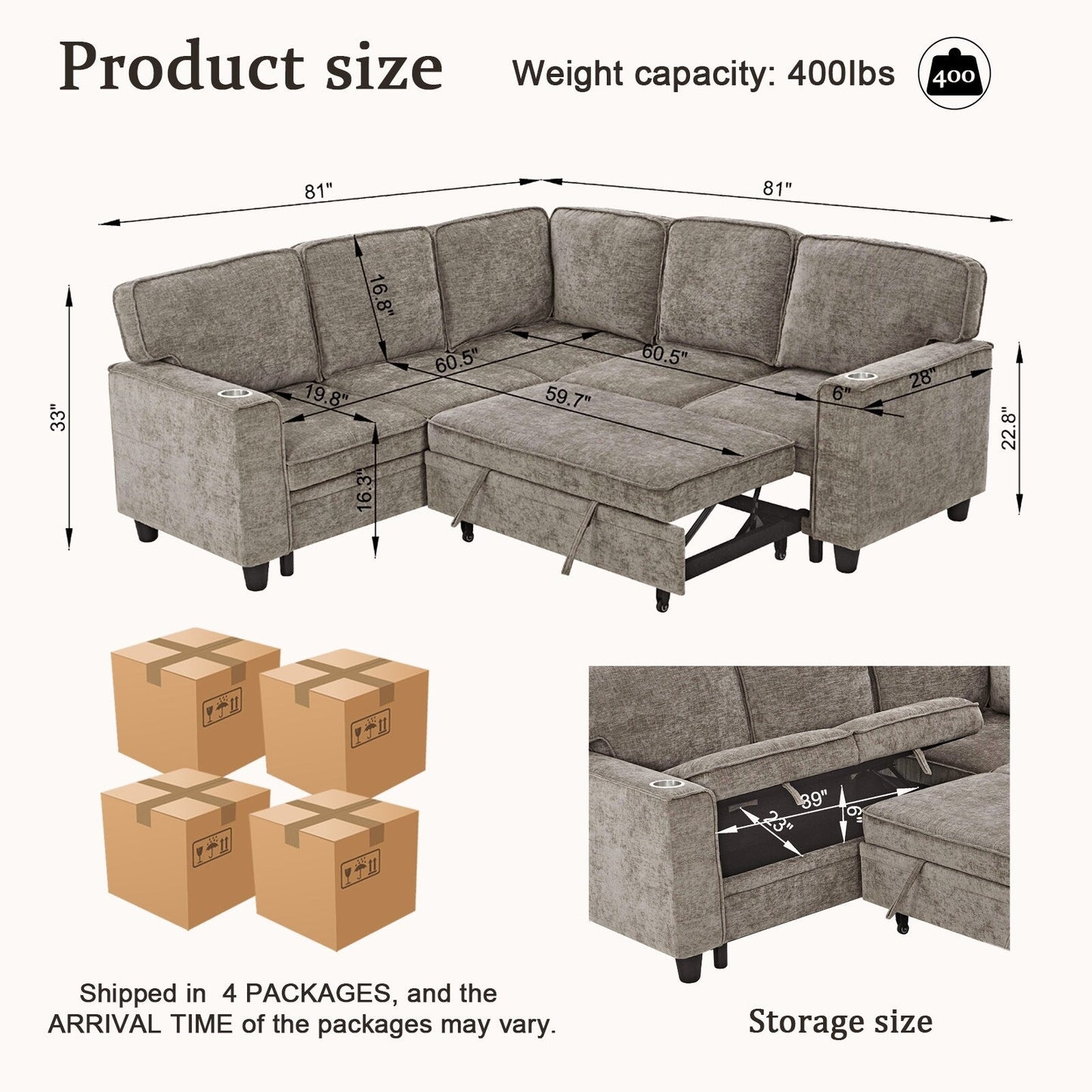 Modern Chenille L-Shaped 5-Seat Sectional Sofa Bed with Storage, USB Ports and Cup Holders for Living Room