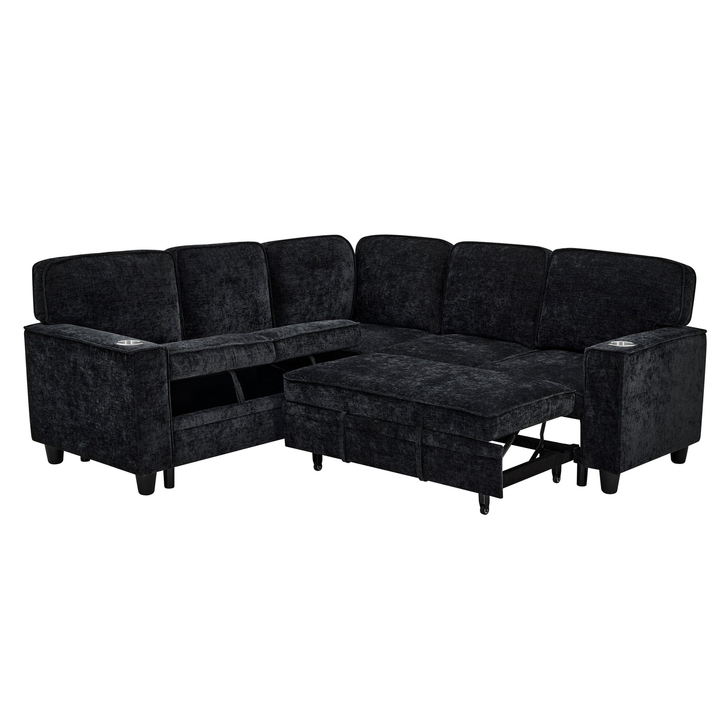 Modern Chenille L-Shaped 5-Seat Sectional Sofa Bed with Storage, USB Ports and Cup Holders for Living Room
