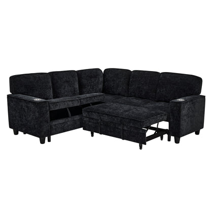 Modern Chenille L-Shaped 5-Seat Sectional Sofa Bed with Storage, USB Ports and Cup Holders for Living Room