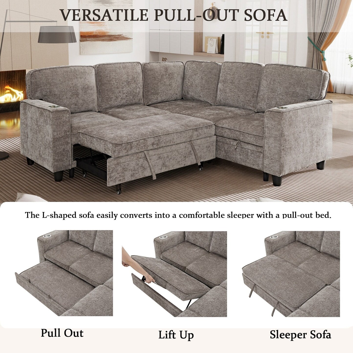 Modern Chenille L-Shaped 5-Seat Sectional Sofa Bed with Storage, USB Ports and Cup Holders for Living Room