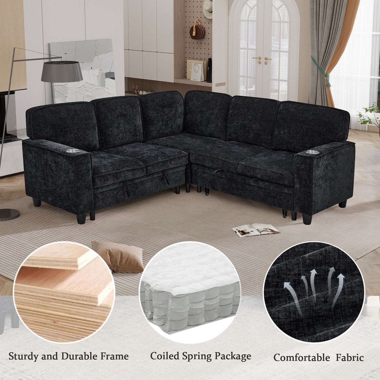Modern Chenille L-Shaped 5-Seat Sectional Sofa Bed with Storage, USB Ports and Cup Holders for Living Room