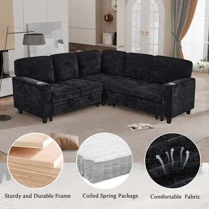 Modern Chenille L-Shaped 5-Seat Sectional Sofa Bed with Storage, USB Ports and Cup Holders for Living Room