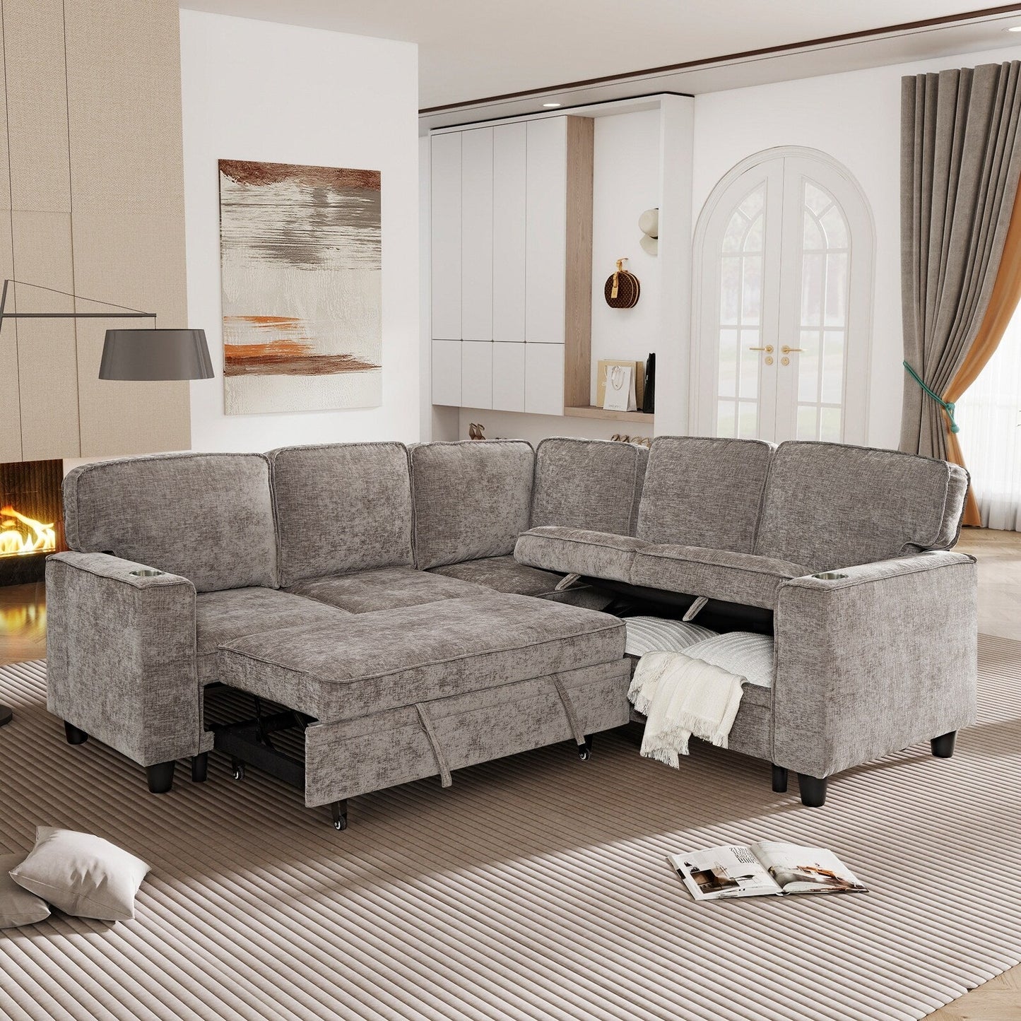 Modern Chenille L-Shaped 5-Seat Sectional Sofa Bed with Storage, USB Ports and Cup Holders for Living Room