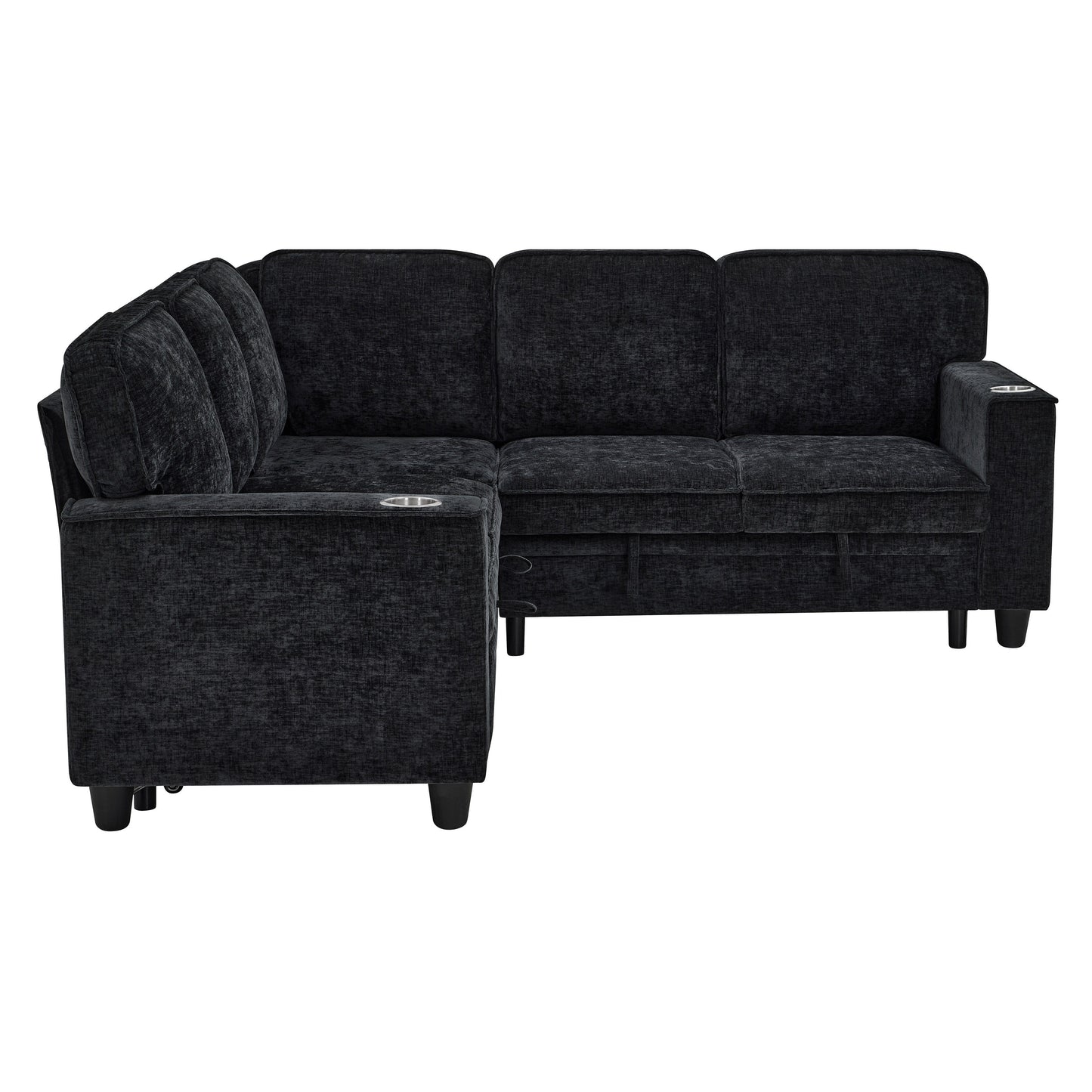 Modern Chenille L-Shaped 5-Seat Sectional Sofa Bed with Storage, USB Ports and Cup Holders for Living Room