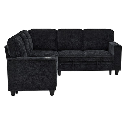 Modern Chenille L-Shaped 5-Seat Sectional Sofa Bed with Storage, USB Ports and Cup Holders for Living Room