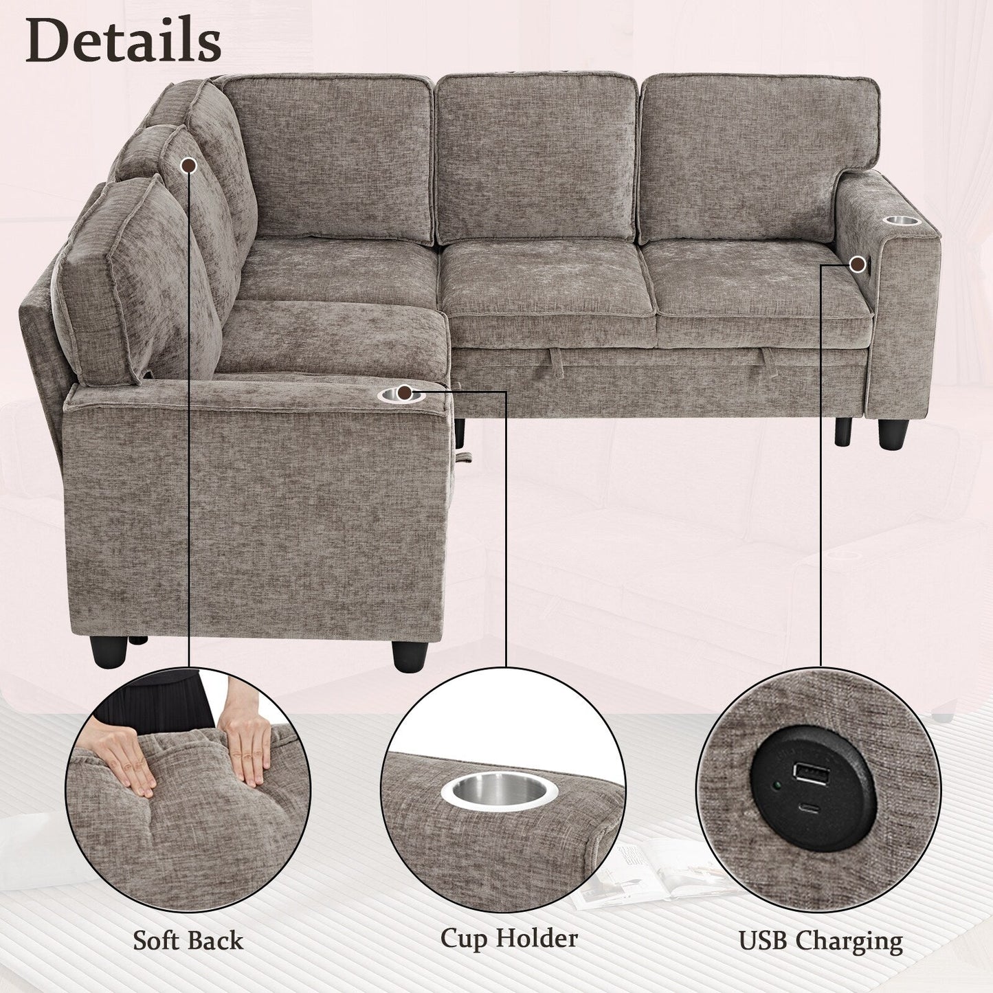 Modern Chenille L-Shaped 5-Seat Sectional Sofa Bed with Storage, USB Ports and Cup Holders for Living Room