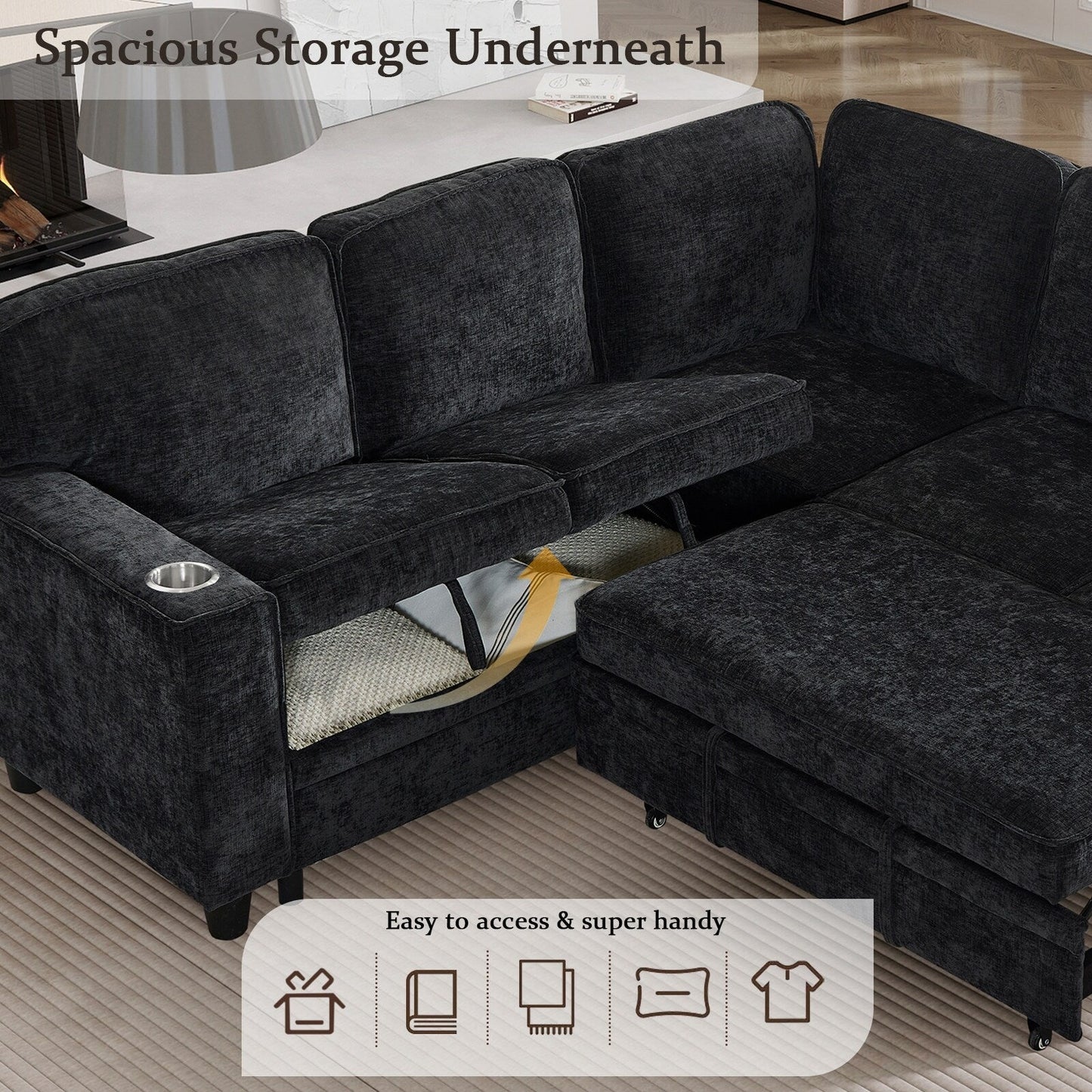 Modern Chenille L-Shaped 5-Seat Sectional Sofa Bed with Storage, USB Ports and Cup Holders for Living Room