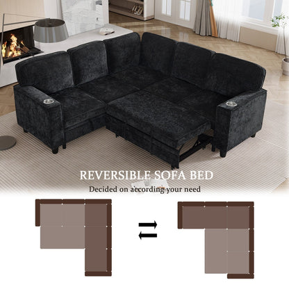 Modern Chenille L-Shaped 5-Seat Sectional Sofa Bed with Storage, USB Ports and Cup Holders for Living Room