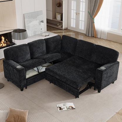 Modern Chenille L-Shaped 5-Seat Sectional Sofa Bed with Storage, USB Ports and Cup Holders for Living Room