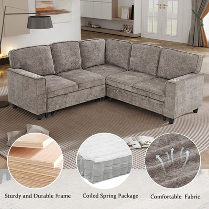 Modern Chenille L-Shaped 5-Seat Sectional Sofa Bed with Storage, USB Ports and Cup Holders for Living Room