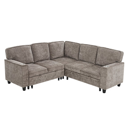 Modern Chenille L-Shaped 5-Seat Sectional Sofa Bed with Storage, USB Ports and Cup Holders for Living Room