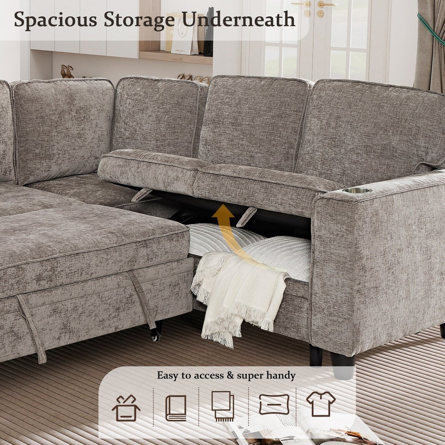 Modern Chenille L-Shaped 5-Seat Sectional Sofa Bed with Storage, USB Ports and Cup Holders for Living Room