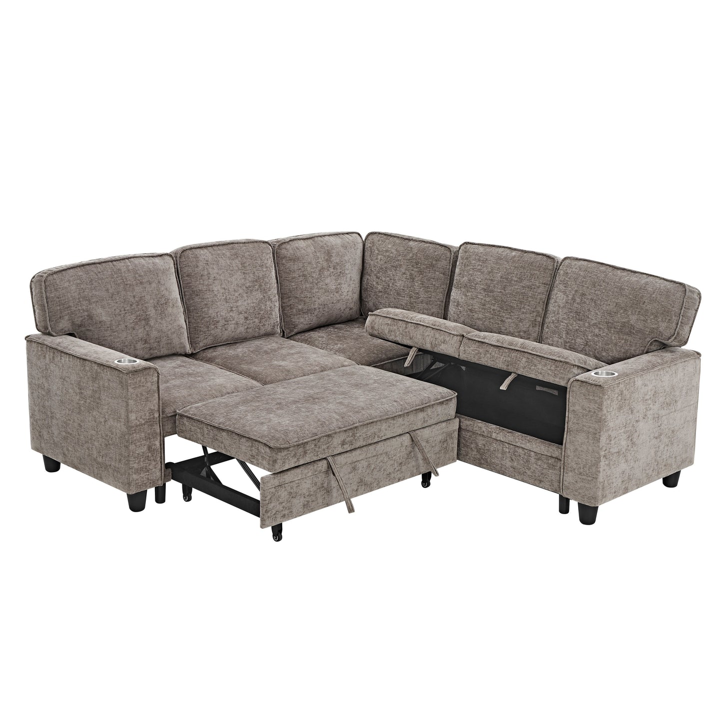 Modern Chenille L-Shaped 5-Seat Sectional Sofa Bed with Storage, USB Ports and Cup Holders for Living Room