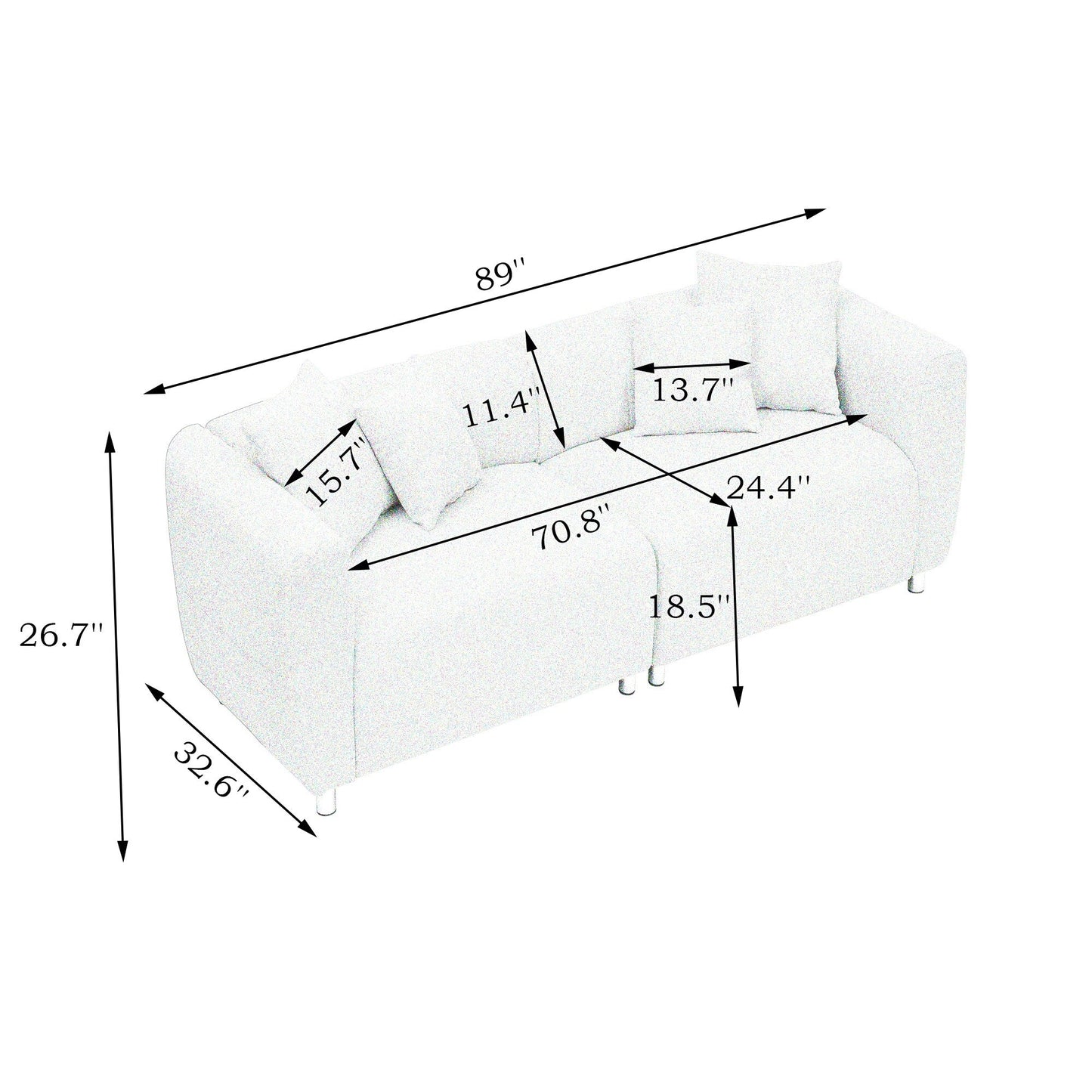 Modern Fashion Sofa 3 Seater Couch with Metal Legs, Solid Wood Frame, and 4 Pillows for Living Room, Apartment
