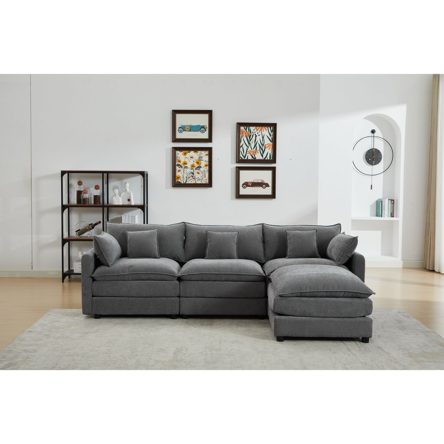 Modern L-Shaped 3-Seat Modular Sectional Sofa with Removable Ottoman for Living Room Apartment