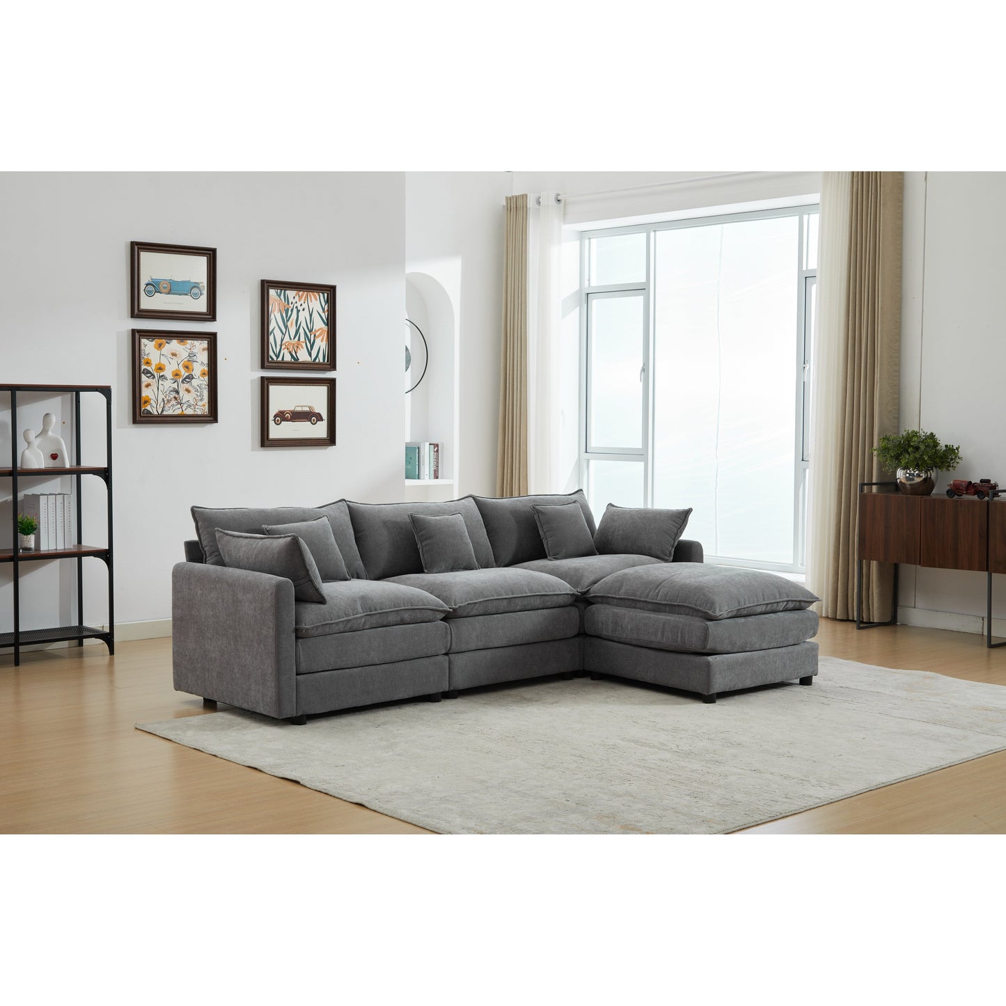 Modern L-Shaped 3-Seat Modular Sectional Sofa with Removable Ottoman for Living Room Apartment