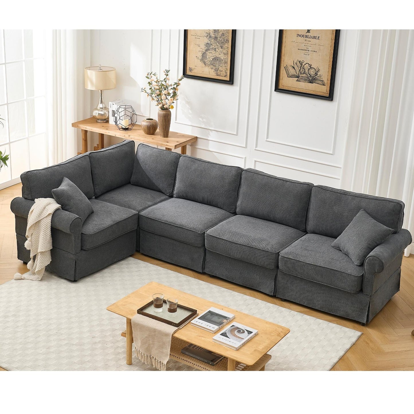 Modern L-Shaped 5-Seat Reversible Sectional Sofa Corner Couch with Rolled Arms for Living Room Apartment
