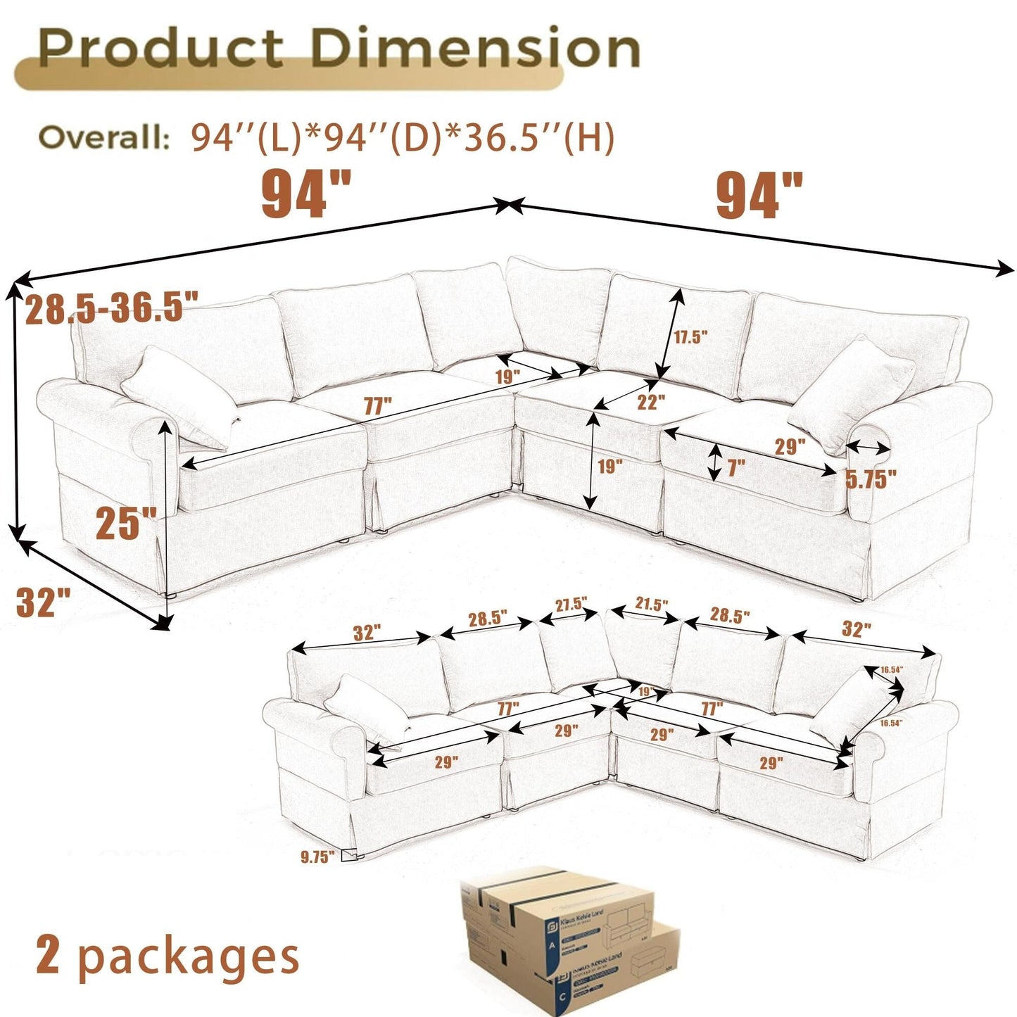 Modern L-Shaped 5-Seat Reversible Sectional Sofa Corner Couch with Rolled Arms for Living Room Apartment